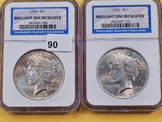 Two NGC Graded Brilliant Uncirculated Peace Silver Dollars