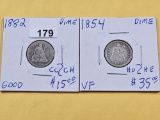 Two Circulated Seated Liberty Silver Dimes
