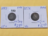Two Circulated Seated Liberty Silver Dimes