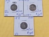 Three Circulated Seated Liberty Dimes