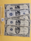 Five $5 Dollar Blue Seal Silver Certificates in Very Fine plus