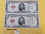Two Series 1928-D and E Red Seal US Notes in Very Fine - Extra Fine