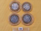 Four Mixed Ten Dollar .999 Fine Silver center Casino Gaming Tokens