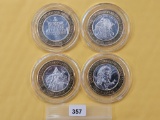 Four Mixed Ten Dollar .999 Fine Silver center Casino Gaming Tokens