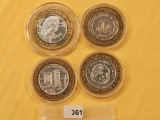 Four Mixed Ten Dollar .999 Fine Silver center Casino Gaming Tokens
