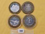 Four Mixed Ten Dollar .999 Fine Silver center Casino Gaming Tokens