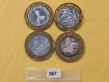 Four Mixed Ten Dollar .999 Fine Silver center Casino Gaming Tokens