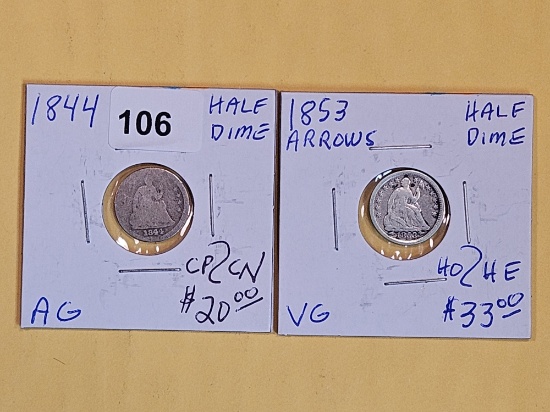 1844 and 1853 Seated Liberty Half Dimes