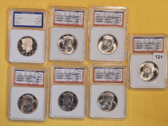 Seven GEM BU and Proof Kennedy Half Dollars