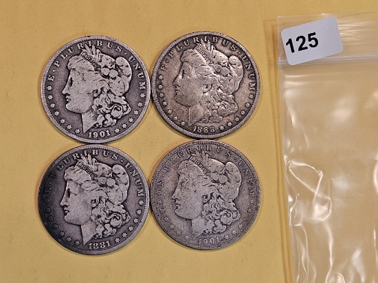 Four mixed Morgan Silver Dollars
