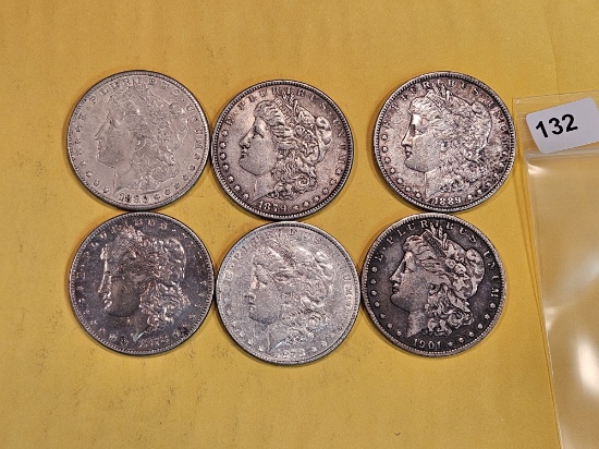 SIx mixed Morgan Silver Dollars