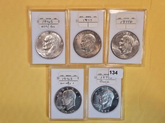 Five Mixed Brilliant Uncirculated and Proof Eisenhower Dollars