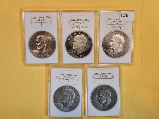 Five Mixed Brilliant Uncirculated and Proof Eisenhower Dollars