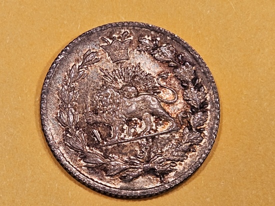 * KEY DATE* 1909 Iran silver 1/4 kran in Toned Brilliant Uncirculated
