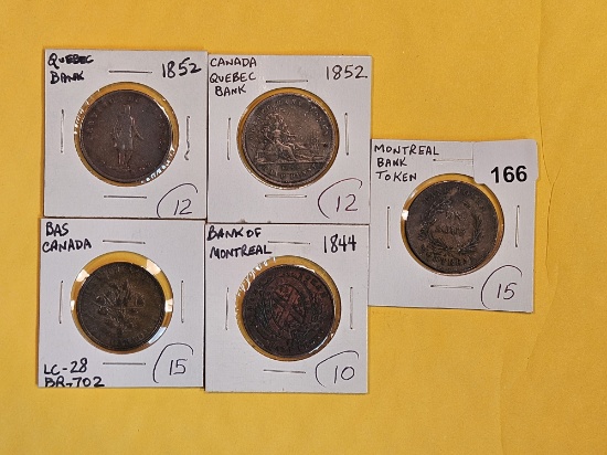 Five older Canada Half-penny tokens