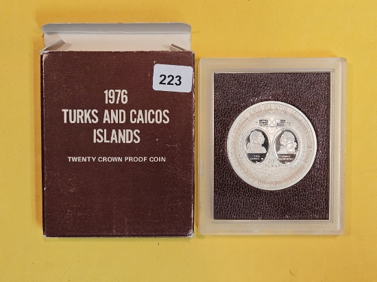 Beautiful GEM Proof Deep Cameo 1976 Turks & Caicos Islands Silver 20 Crown