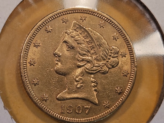 GOLD! Brilliant About Uncirculated plus 1907 Gold Liberty Head Five Dollars