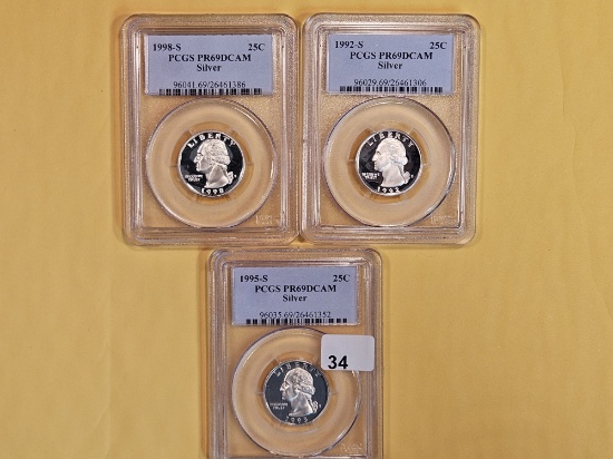Three PCGS-graded SILVER Proof 69 Deep Cameo Washington Quarters