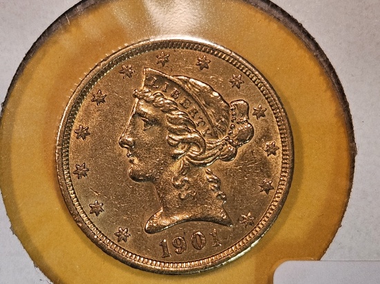 GOLD! About Uncirculated 1901-S Gold Liberty Head Five Dollars