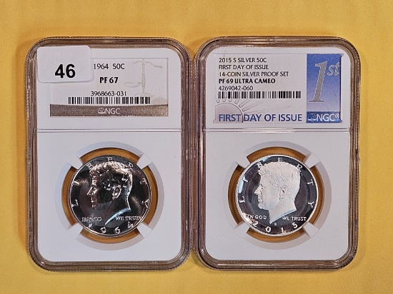 Two NGC-graded, Silver, Proof, Kennedy Half Dollars
