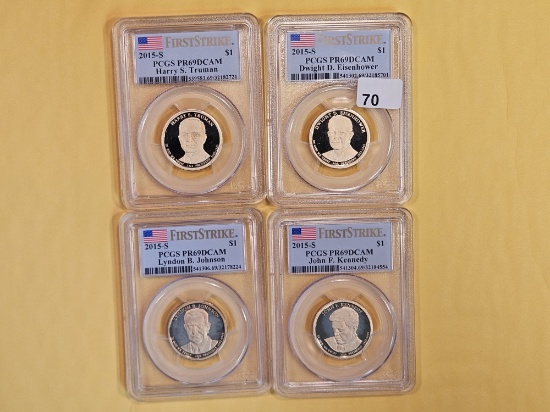 Four PCGS-graded Presidential Dollars in Proof 69 Deep Cameo