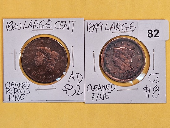 1820 Coronet Head and 1849 Braided hair Large Cents