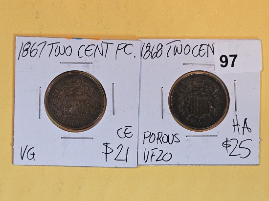 1867 and 1868 Two Cent pieces