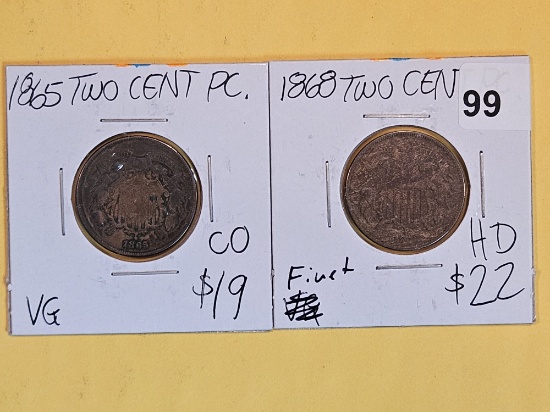1865 and 1868 Two Cent pieces