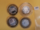 Four Silver center Ten Dollar Casino Gaming Tokens
