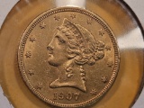 GOLD! Brilliant About Uncirculated plus 1907 Gold Liberty Head Five Dollars
