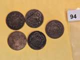Five mixed Two-Cent pieces