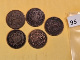Five mixed Two-Cent pieces