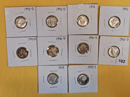 Ten Brilliant AU plus to Brilliant Uncirculated Mercury Dimes