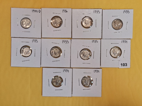 Ten Brilliant AU plus to Brilliant Uncirculated Mercury Dimes
