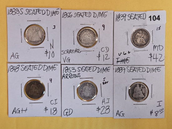 Six mixed silver Seated Liberty Dimes