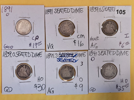 Six mixed silver Seated Liberty Dimes
