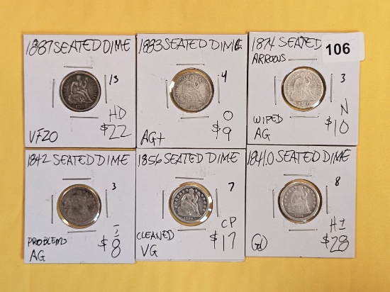 Six mixed silver Seated Liberty Dimes