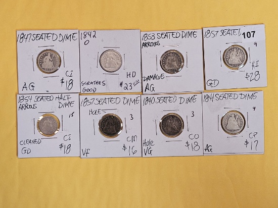 Eight mixed silver Seated Liberty Dimes