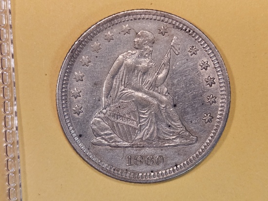 * 1860 Seated Liberty Quarter in Bright About uncirculated plus - details