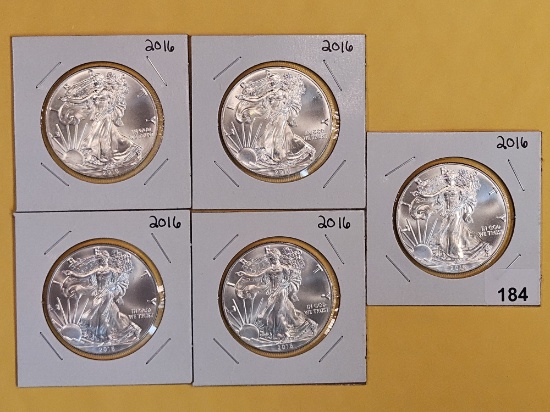 FIVE GEM Brilliant Uncirculated 2016 American Silver Eagles