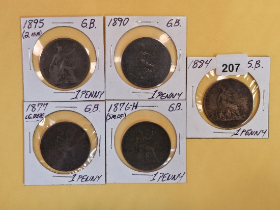 Five late-1800's Great Britain large pennies