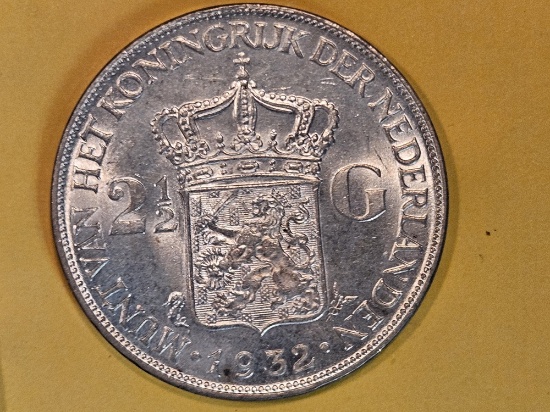 Brilliant About Uncirculated 1932 Netherlands silver 2 1/2 Gulden