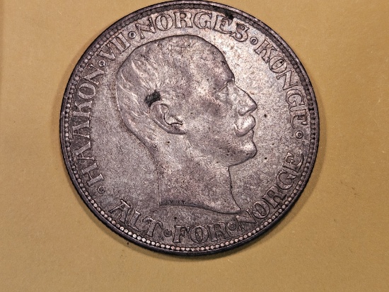 1912 silver Norway 2 kroner in Extra Fine plus