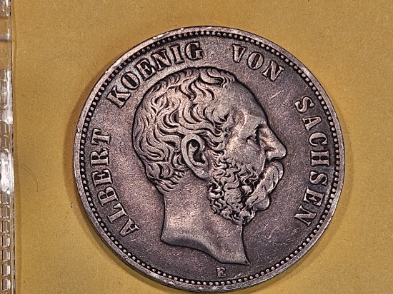 1876-E German States Saxony silver 5 Marks in Extra Fine