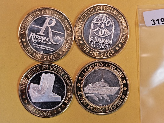 Four Gem Proof Ten Dollar .999 fine Silver Center Casino Gaming Tokens