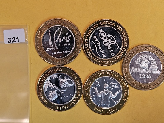 Five Gem Proof Ten Dollar .999 fine Silver Center Casino Gaming Tokens