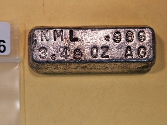 Three point forty-nine Ounce .999 fine silver poured bar