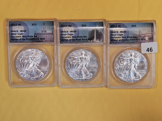 ANACS 2017 P-W-S American Silver Eagle Trio in Mint State 69