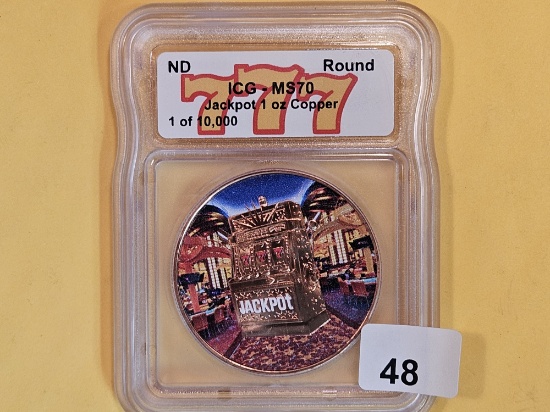 Perfect! ICG No Date One Ounce Copper Jackpot Round in Mint State 70