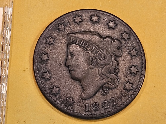 1822 Coronet Head Large cent in Fine